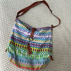 Multicolored Boho Hippie Shoulder Bag w Brown Leather & Tassel Detail